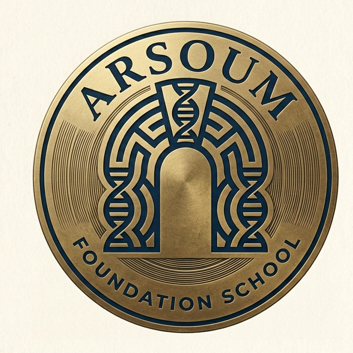 The Arsoum emblem: a brass roundel with an arch, a keystone, and a helix running through both legs.